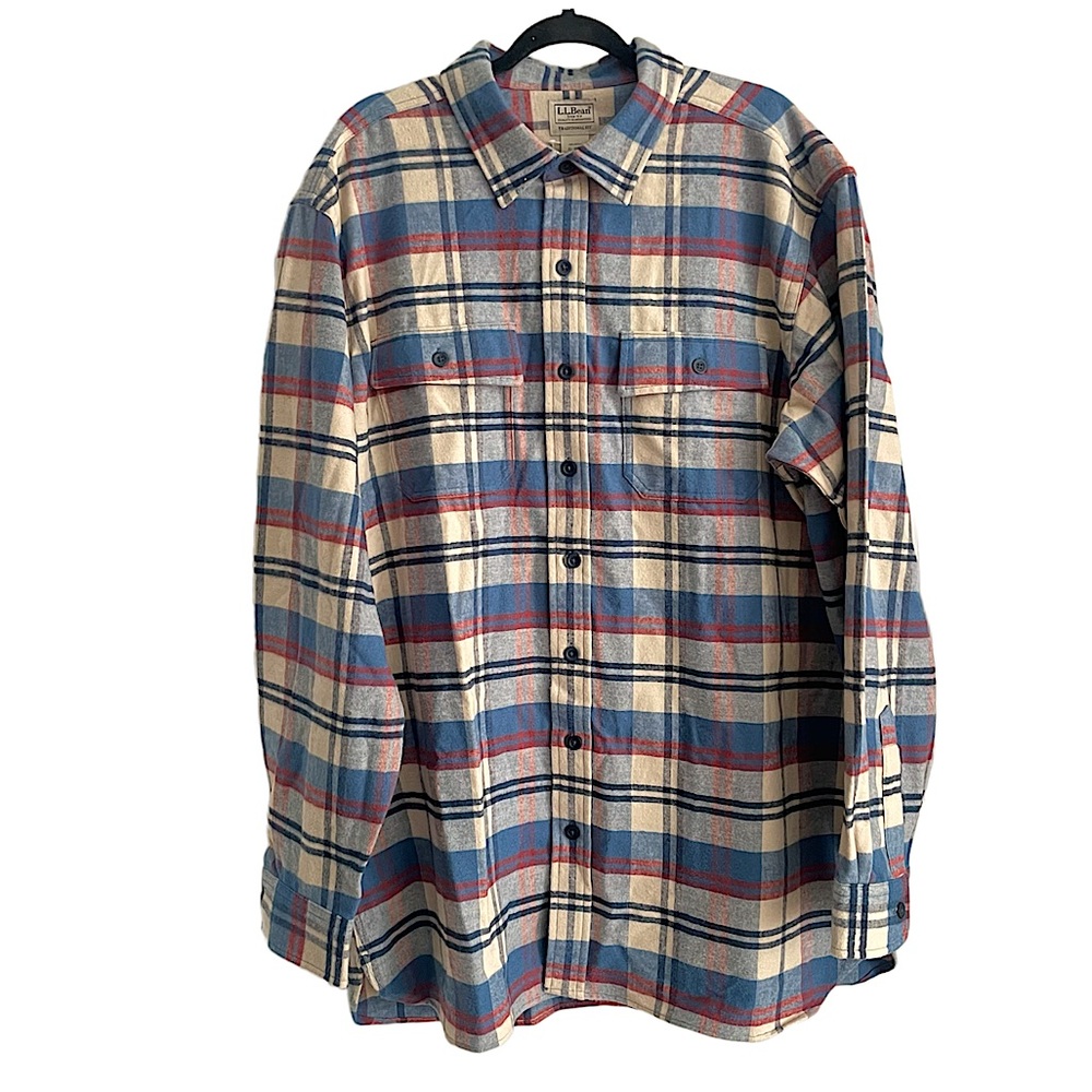 L.L Bean Chamois Flannel Cotton Plaid Bayside Blue Shirt XL Tall NWT
